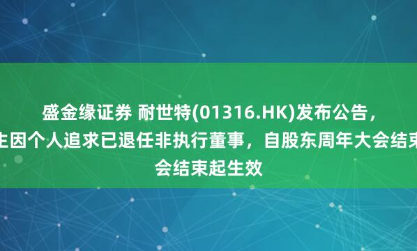 盛金缘证券 耐世特(01316.HK)发布公告，王坚先生因个人追求已退任非执行董事，自股东周年大会结束起生效