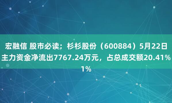 宏融信 股市必读：杉杉股份（600884）5月22日主力资金净流出7767.24万元，占总成交额20.41%